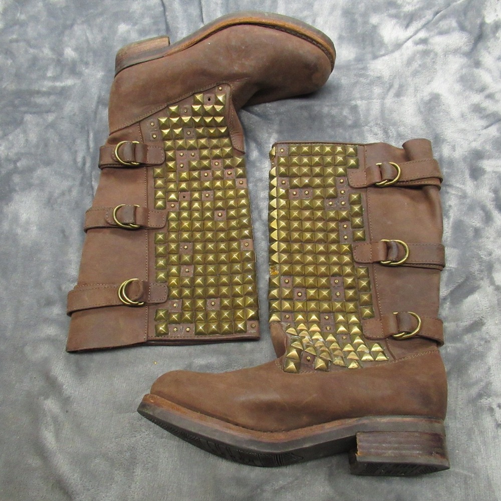 Jeffrey Campbell Brown Leather Moto Boots with Gold Studs